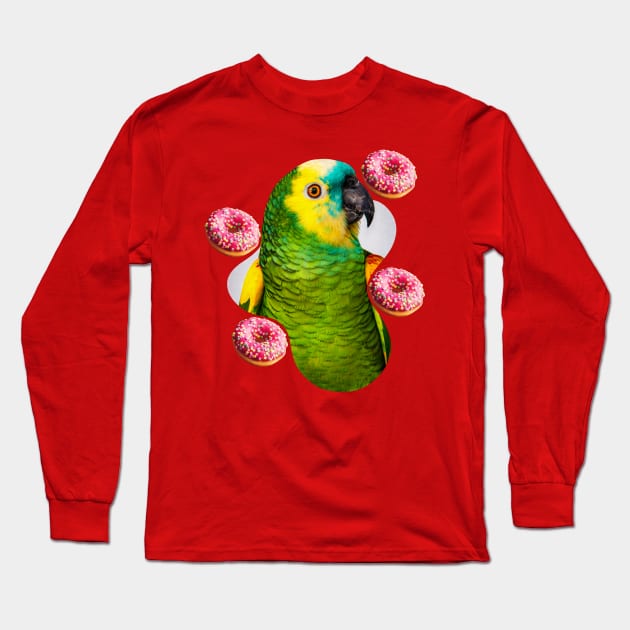 green parrot with pink donuts Long Sleeve T-Shirt by Arteria6e9Vena